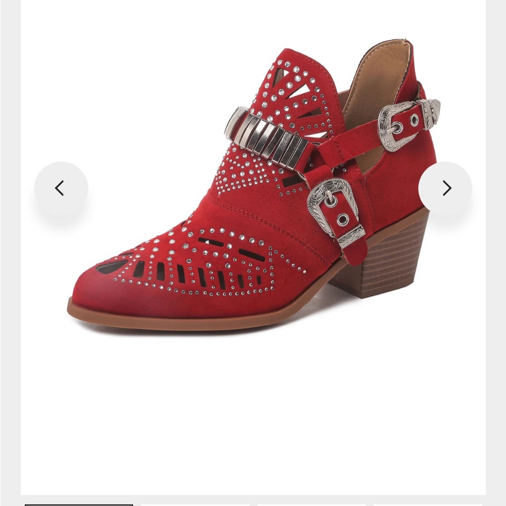 Red Studded Western Ankle Boots with Silver Buckles - Picture 9 of 11